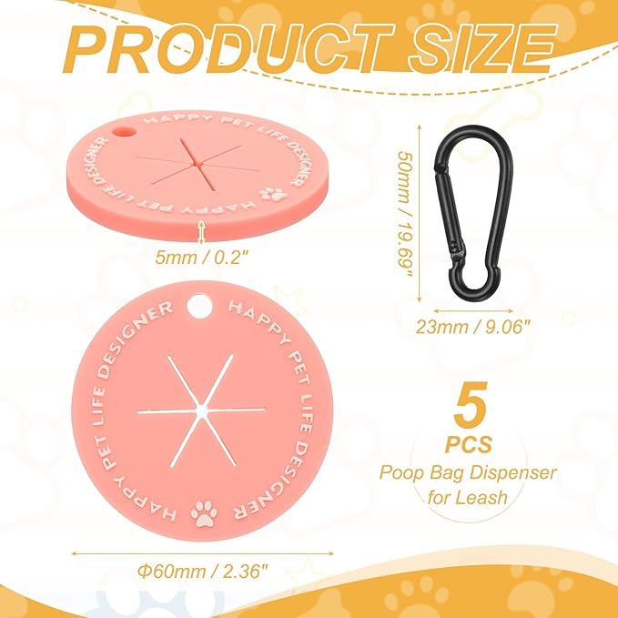 Dog Poop Bag Clip, Dog Poop Bag Holder Round for Dispenser Carrier Hands-Free Lightweight Durable PVC, (Pink, 5 Pcs), Intended for Leash/Pet Waste Bag