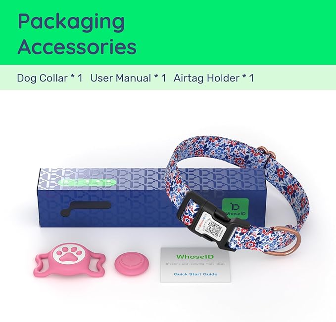 WhoseID Airtag Dog Collar,with Waterproof airtag Holder，Original Stylish Cute Pattern Design.QR Code ID Buckle，Comfortable Soft Cotton for Small Medium Large Dogs