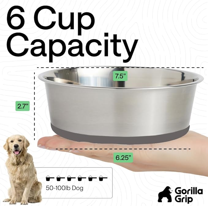 GORILLA GRIP Set of 2 Dog Bowls, Holds 6 Cups (48 fl oz), Heavy Duty Metal Food and Water Bowl for Feeding Dogs and Cats, Dishwasher Safe, Rust Resistant Stainless Steel, BPA Free Rubber Base, Gray