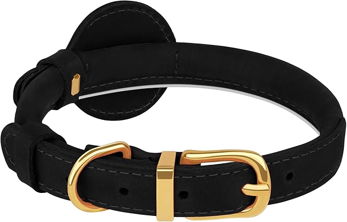 OOPSDOGGY Rolled Leather Dog Collar with Airtag Holder - Reflective Round Airtag Dog Collar - Soft Tracking Pet Collar for Small Dogs Puppy Cats Kitten (Black, XL, 17"-21")