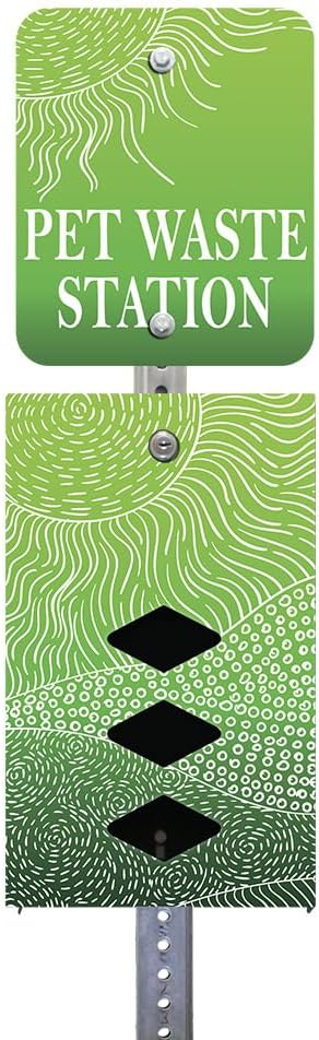 DISPENSE-ART™ collection "Rolling Hills - Green" - Custom UV printed design on rust-proof aluminum 7' dog waste station with 400 dog waste roll bags