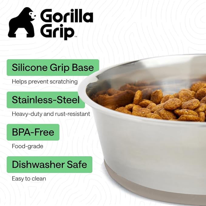 GORILLA GRIP Dog Bowls, Holds 2 Cups Each (16 fl oz), Heavy Duty Stainless Steel Food and Water Bowl for Feeding Dogs and Cats, Dishwasher Safe, Rust Resistant, BPA Free Rubber Base, Set of 2 Beige