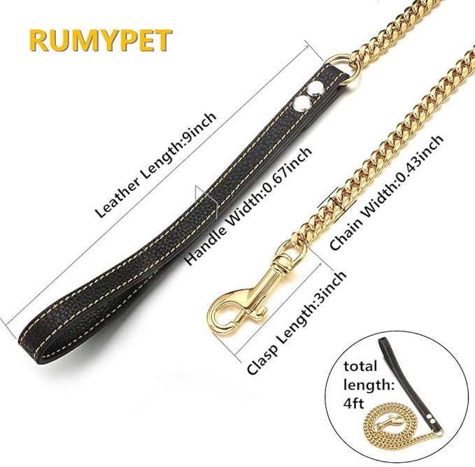 3FT/4FT/5FT Heavy Duty Gold Dog Chain Leash 10MM Stainless Steel Miami Cuban Link Chain with Durable Genuine Leather Handle for Training Walking(10mm,4ft)…