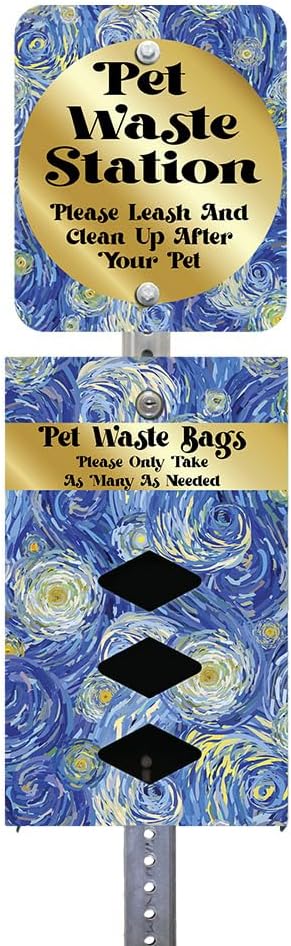 DISPENSE-ART™ collection "Starry Night" - Custom UV printed design on rust-proof aluminum 7' dog waste station with 400 dog waste roll bags