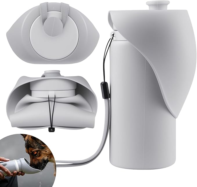 Portable Dog Water Bottle, 2-in-1 Leak Proof & Collapsible Silicone Pet Dispenser with Built-in Bowl, Food Grade Travel Cup for Walking, Hiking (19oz/550ml, Gray)
