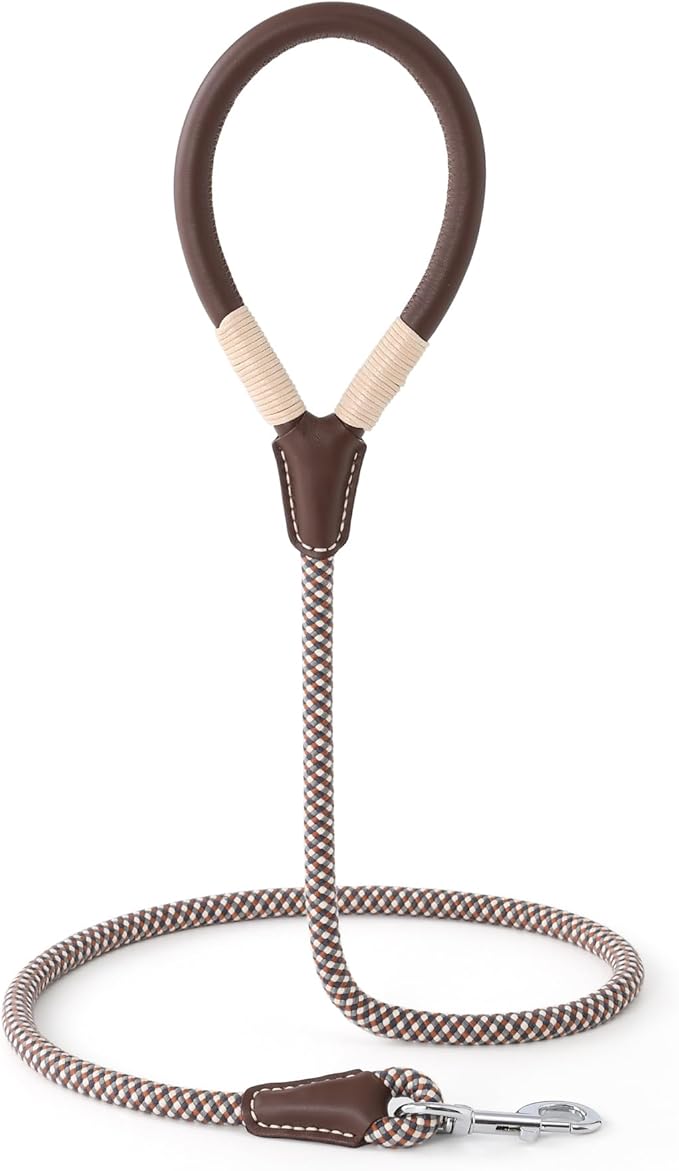 Mile High Life Genuine Leather Wrapped Handle Dog Leash, w Heavy Duty Clasp Rope Leash for Small Medium Large Dogs (Brown, 4FT)