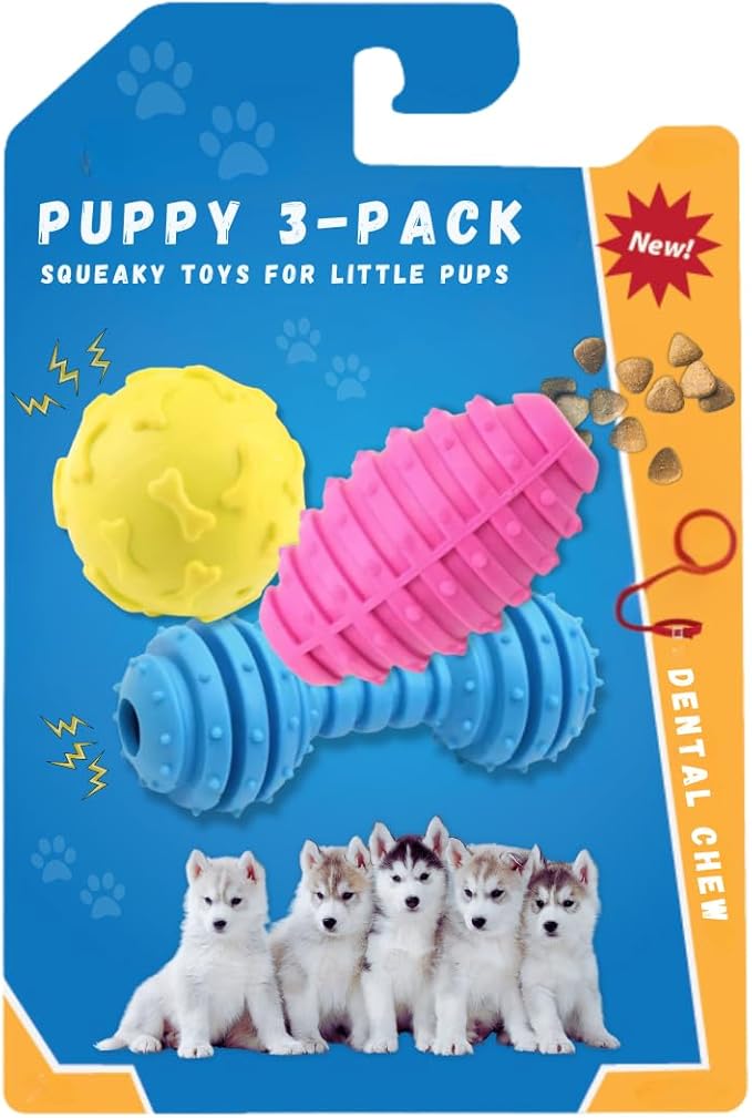Puppy Squeaky Chew Toy, Medium & Small Dogs, 3 Pack Combo for Chewers, Multifunctional Teeth Cleaning Massages Gums, 100% Non-Toxic Natural Rubber, Fun Sounds to Entertain, Dog Toys