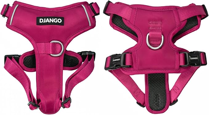 DJANGO Tahoe No Pull Dog Harness – Escape-Proof Dog Harness for Small & Medium with Front & Back Clips for Everyday Use – Adjustable, Padded, Reflective, Secure, Easy On/Off – Hibiscus Pink, Medium