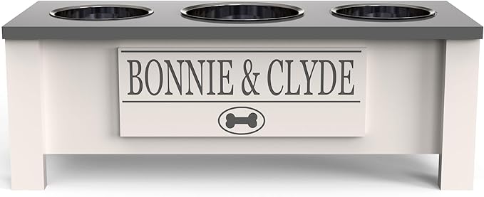 GTW Personalized Elevated Triple Dog Bowl Stand for Large, Medium, Small, X-Small Dogs - 3 Stainless Steel Food and Water Bowls - Raised Dog Dish with Internal Storage (Medium, Grey)