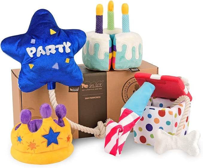 P.L.A.Y. Cute Plush Dog Toys - Birthday Party Celebration Themed Durable Squeaker Chew Toys, for Puppies & Small, Medium, Large Dogs - Machine Washable, Recycled Materials (5 Piece Set, Medium)