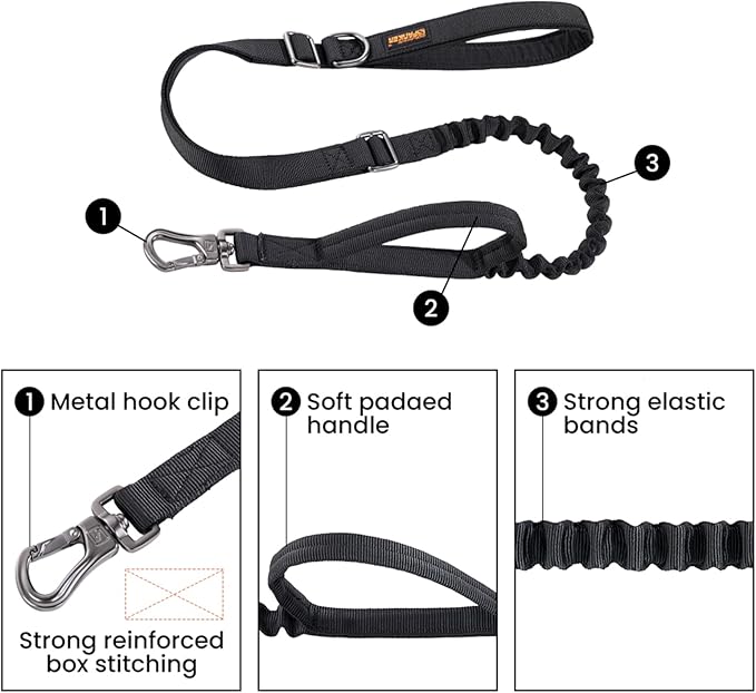EXCELLENT ELITE SPANKER Tactical Dog Leash Heavy Duty 5-6FT Adjustable No Pull Military Bungee Dog Leash Elastic Leads Rope with 2 Padded Control Handle for Medium Large X-Large Dogs(Black)