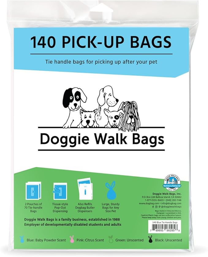 Dog Waste Bags with Easy Tie Handles, Extra Thick and Strong Poop Bags for Dogs, Easy Dispensing and Leak Proof, 140 Doggy Bags, 7 x 5 x 17 Inches with Gusseted Sides,Green