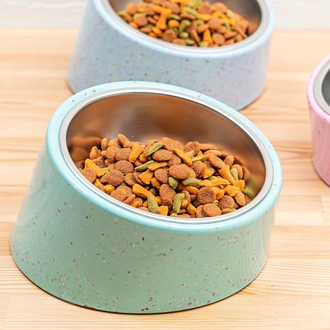 bzyoo 16oz Tilted Dog Bowl for Small Dogs & Cats, 15° Elevated Stainless Steel Pet Feeder, Ergonomic Anti-Vomiting Food Bowl for Frenchie, Pug, Persian Cat, Non-Skid Melamine Stand, Sprinkle (Green)