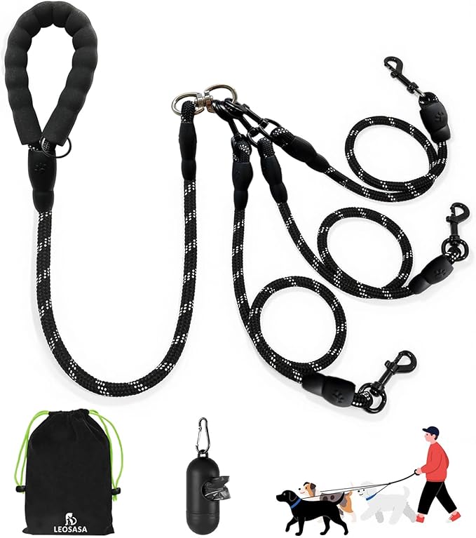 No Tangle 3 Dog Leash - Main Lead Rope with Padded Handle, Three Detachable Leash Splitters, Heavy-Duty Clip, 4.76ft for Walking, Running, Small, Medium, Large Dogs (Black)