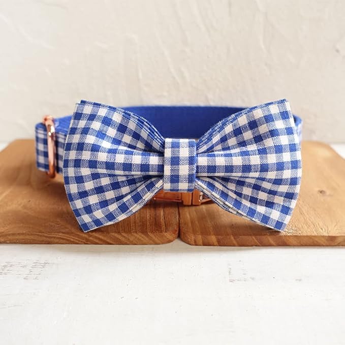 PETDURO Personalized Gingham Plaid Dog Collar Blue - Engraved Name and Phone Number on Rose Gold Metal Buckle - Custom for Small Medium Large Boy Girl Dogs - Add Leash Bow Tie via Customize Now