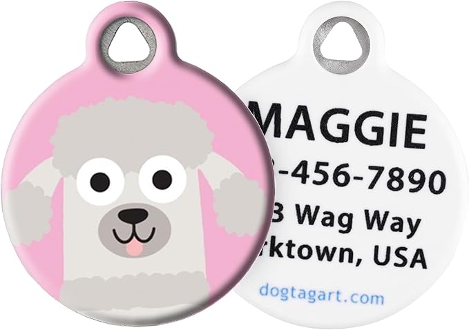 Dog Tag Art Poodle Doodle Girl Personalized Pet ID Tag for Dogs, Silent Polymer Coated Nametag with Customized Identification Information - Large 1.25" Diameter