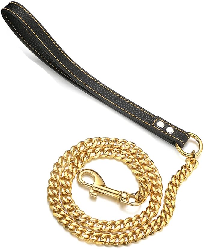 18K Gold Dog Chain Leash 11MM Solid Chew Proof 316L Stainless Steel Cuban Link Chain with Smooth Leather Handle Beautiful Leash for Walking Training 3FT/4FT/5FT(11mm,5ft)…