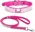 Cute Dazzling Sparkling Elegant Fancy Soft Suede Leather Bling Rhinestone Crystal Jeweled Pet Cat Dog Puppy Collar Dog Leash Combo Set (XS(Neck8-10), Hot Pink-5)