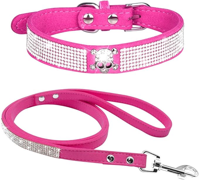 Cute Dazzling Sparkling Elegant Fancy Soft Suede Leather Bling Rhinestone Crystal Jeweled Pet Cat Dog Puppy Collar Dog Leash Combo Set (XS(Neck8-10), Hot Pink-5)