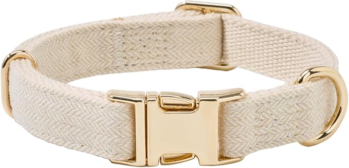 Soft Cotton Hemp Dog Collar with Metal Buckle Adjustable Tweed Dog Collars for Small Medium Large Dogs(Beige,Small)