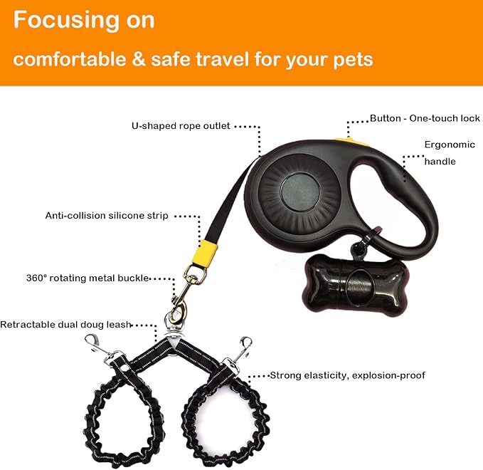 Double Dog Leash for Walking 2 Small Dogs (Up to 33 Lbs Each), Dual Retractable 9.8ft Extendable Strong Nylon Tape Pet Leash with Poop Bags, One-Handed Brake, Pause, Lock (Black)