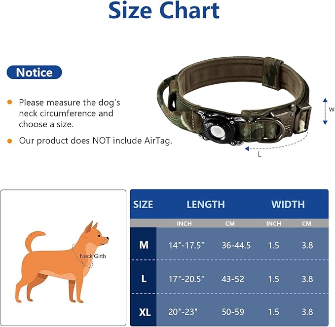 Never Lose Your Dog! AirTag Dog Collar with Waterproof Case | Tactical Collar for Large Dogs Featuring Military Handle & Durable Strap | Secure GPS Tracking for Apple AirTag (Camo, M)