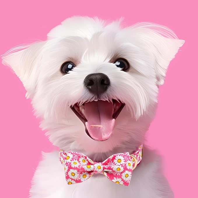 Tunkoo Pink Daisy Dog Collar with Cute Flower Bow Tie, Adjustable Premium Cotton Collar Durable Metal Buckle for Small Medium Large Boys Girls Dogs, L
