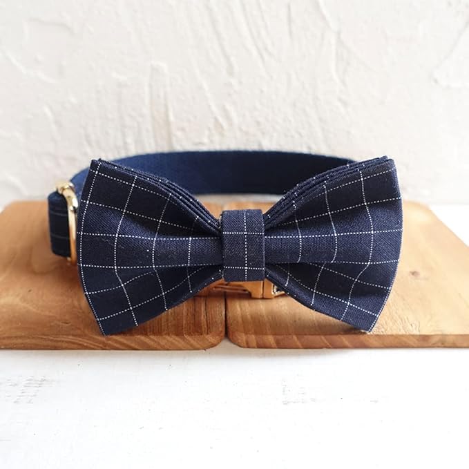 PETDURO Personalized Windowpane Plaid Dog Collar Blue - Engraved Name and Phone Number on Gold Metal Buckle - Custom for Small Medium Large Boy Girl Dogs - Add Leash Bow Tie via Customize Now