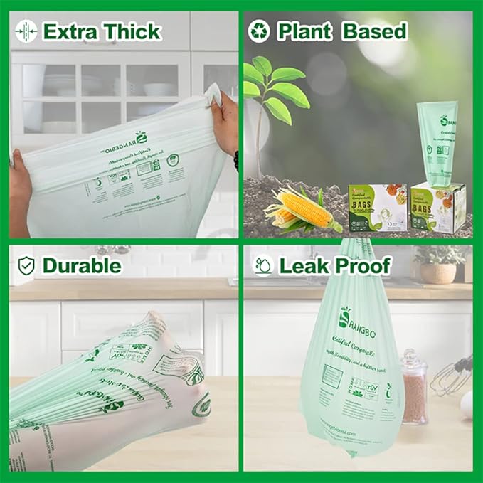 OrangeBio 4 Gallon Home Compostable Trash Bags, 100 Count, Food Grade, Plant-based, Biodegradable, Leak-proof, Tear-resistant, US BPI ASTM D6400 and OK Compost Home Certified
