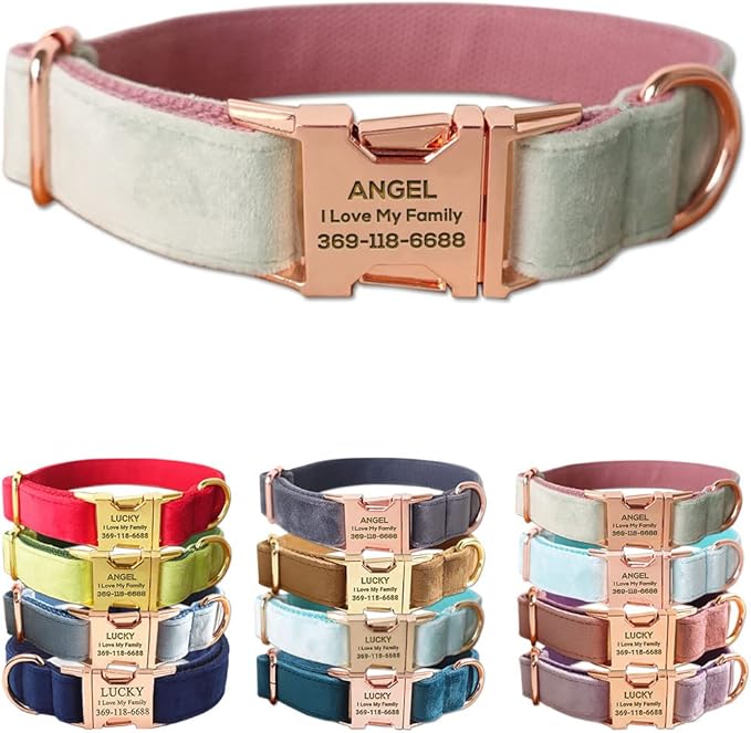 PETDURO Custom Dog Collar Personalized with Name Engraved Quick Release Rose Gold Metal Buckle for Large Medium Small Girl Dogs - Dog Leash and Bow Tie Available - Soft Comfy Velvet (Mint Pink, L)