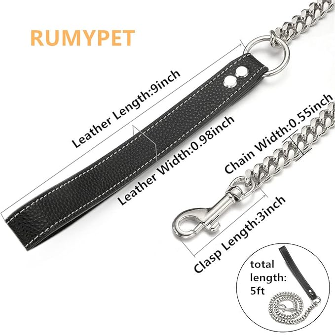 3FT/4FT/5FT Heavy Duty Silver Dog Chain Leash 14MM Stainless Steel Miami Cuban Link Chain with Durable Genuine Leather Handle for Training Walking(14mm,5ft)…