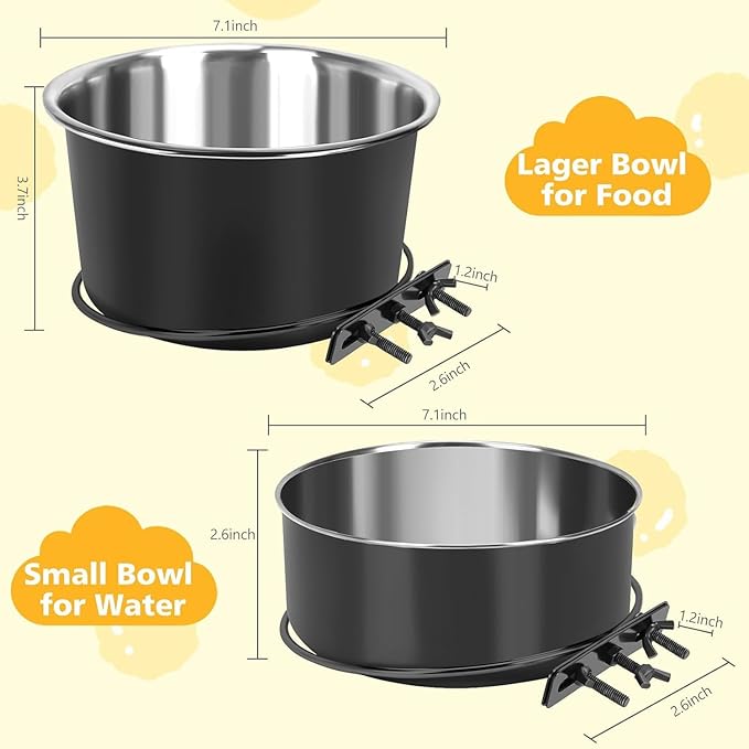 Large Dog Crate Water Bowl No Spill 2 Pack, Stainless Steel Dog Bowls for Food and Water, Pet Kennel Hanging Dogs Food Bowls for Medium/Large Dogs and Cats (7.1"x3.7" & 7.1"*2.6", Black)