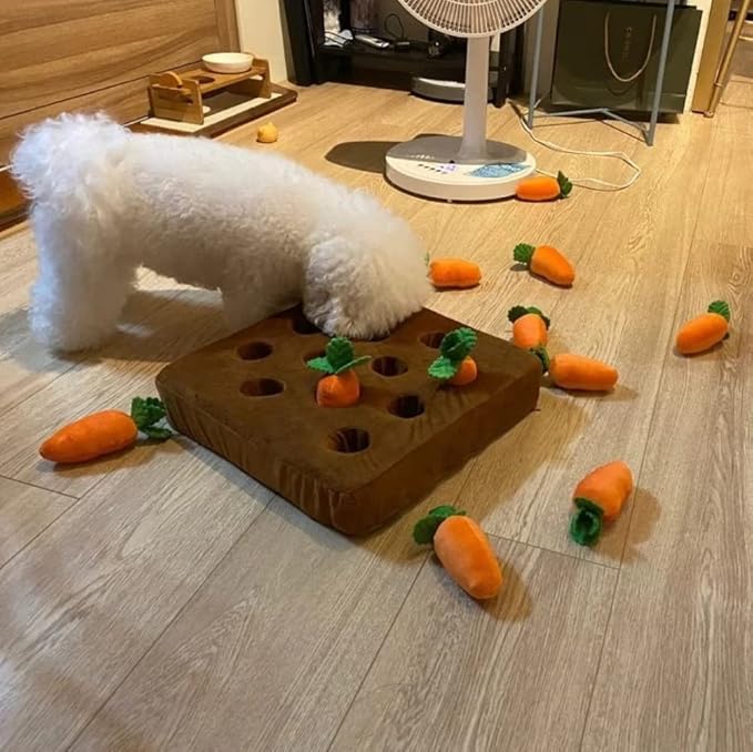 Carrot Dog Toy - Snuffle Mat, Plush Puzzle, Enrichment and Interactive Hide and Seek Pet Toy With 12 Carrots