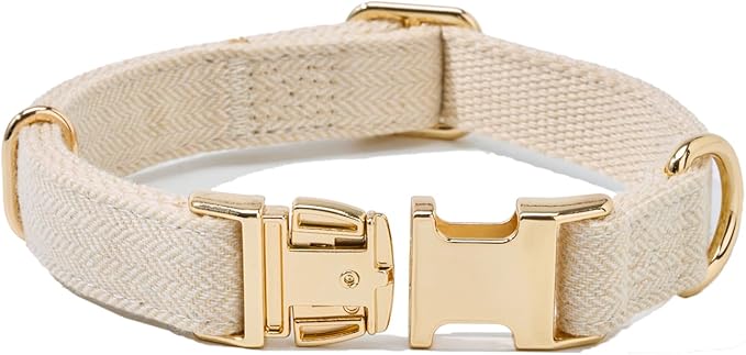 Soft Cotton Hemp Dog Collar with Metal Buckle Adjustable Tweed Dog Collars for Small Medium Large Dogs(Beige,Large)