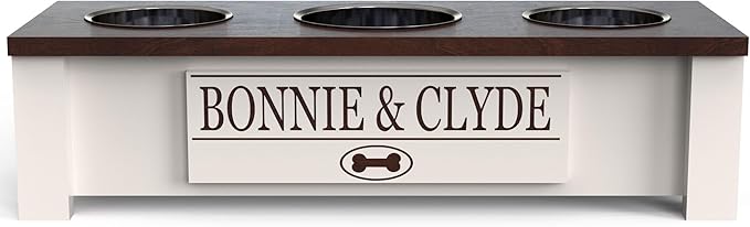 GTW Personalized Elevated Triple Dog Bowl Stand for Large, Medium, Small, X-Small Dogs - 3 Stainless Steel Food and Water Bowls - Raised Dog Dish with Internal Storage (Small, Brown)