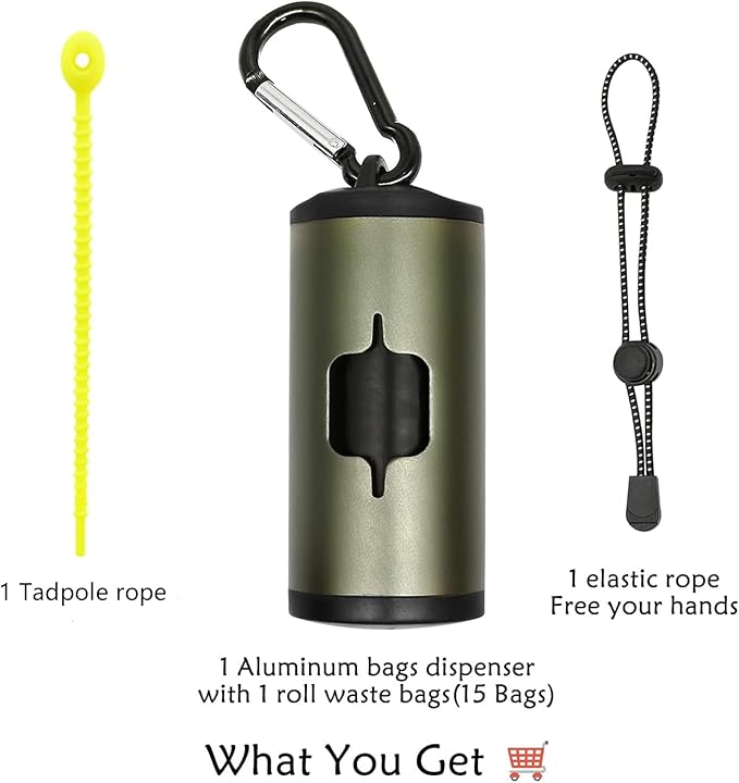 Aluminum Dog Poop Bags Holder with Carabiner Metal Pet Waste Bags Dispenser with Hook and Loop Fastener and Elastic Cord to Carry Used Bags (Olive Green, 1 Holder 15 Bags)