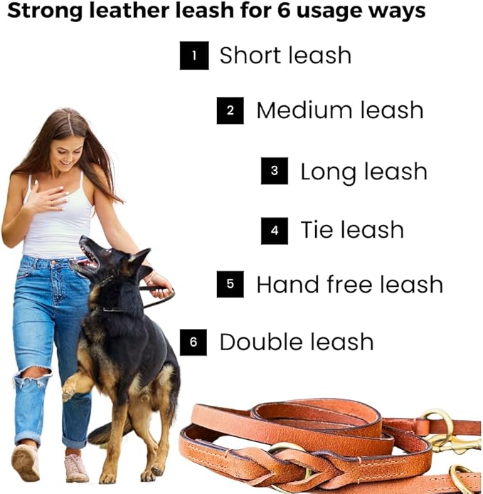 8 FT Multi-Function Leather Dog Leash, Genuine Leather Hands-Free Training Lead for Small Medium Large Dogs, Adjustable Long Leash for Walking, Hiking, Obedience Control (Tan, 8 Ft)