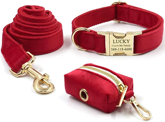 PETDURO Personalized Dog Collar Red Soft Velvet for Large Medium Small Boy Girl Dogs - Custom Collar with Name Phone Number Engraved on Gold Metal Buckle - Add Matching Leash Bow Set via Customize Now