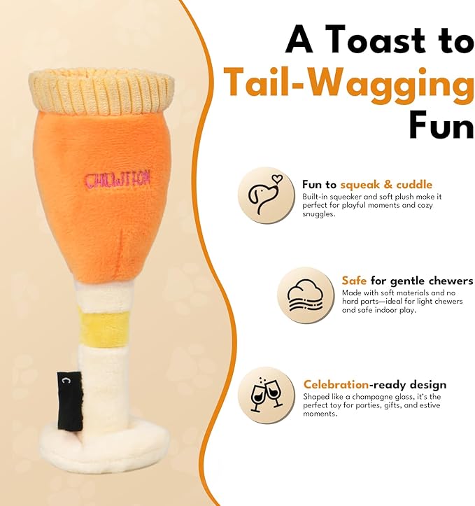 CHEWFFON Dog Birthday Toy, Dog Enrichment Squeaky Toys, Plush Crinkle Toy for Puppy, Cute Festive Present, Champagne Glass Shape for Small and Medium Dogs