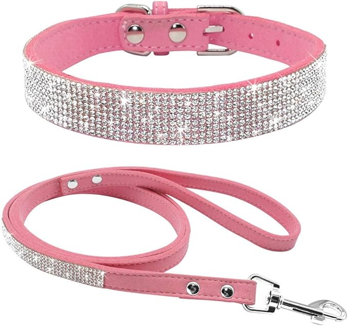 Cute Dazzling Sparkling Elegant Fancy Soft Suede Leather Bling Rhinestone Crystal Jeweled Pet Cat Dog Puppy Collar Dog Leash Combo Set (XXS(Neck 6-8"), Pink)