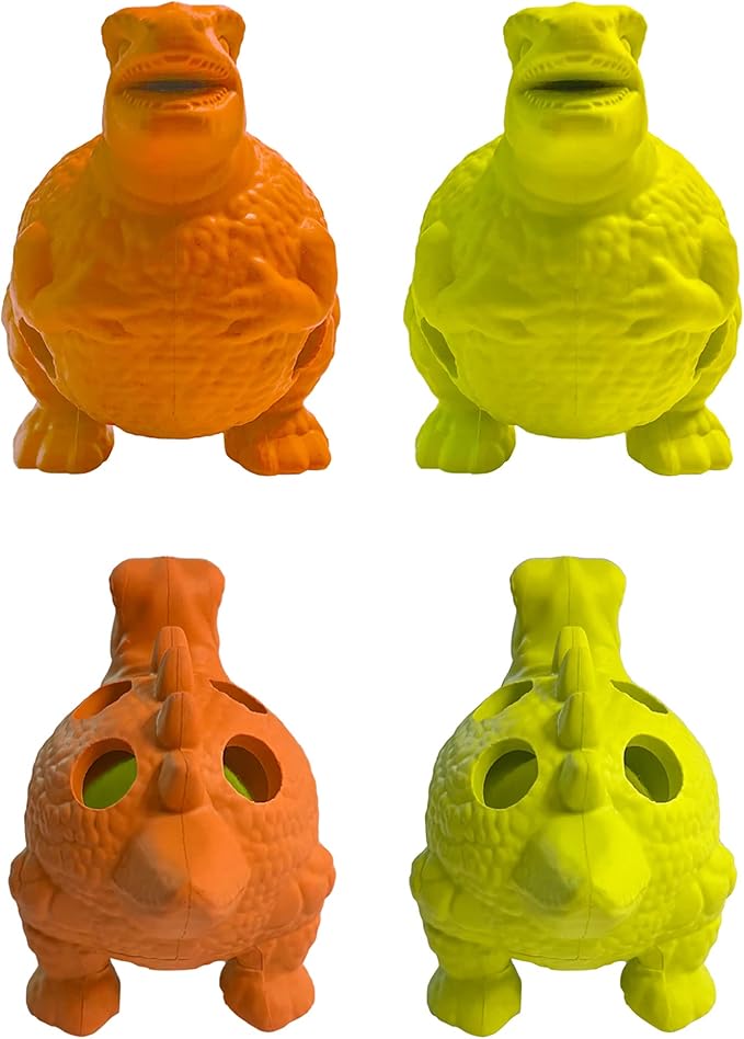Friends Forever Squeaky Dog Toys with Tennis Ball, Tough Dog Chew Toy, Interactive Fun Indoor Play, Non-Toxic Durable Natural Rubber Puppy Teething, Dinosaur Citron/Orange 2 Piece
