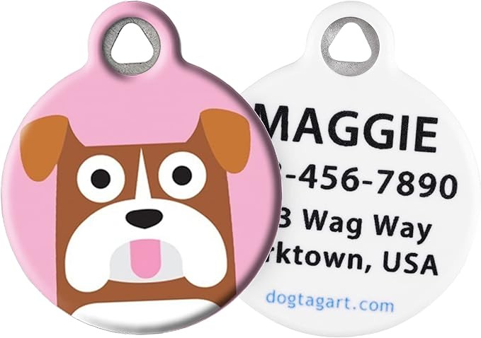 Dog Tag Art Bulldog Girl Personalized Pet ID Tag for Dogs, Silent Polymer Dog Tag with Customized Identification Information - Small .875" Diameter