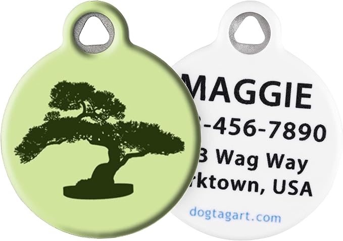 Dog Tag Art Bonsai Tree Personalized Pet ID Tag for Dogs and Cats, Silent Polymer Coated Stainless Steel Nametag with Customized Identification Information, Small .875" Diameter