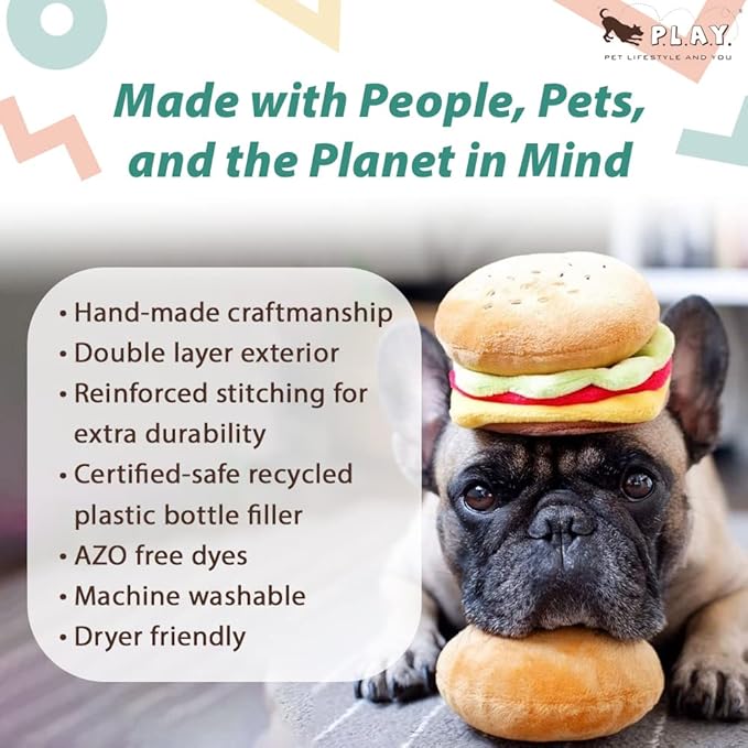 P.L.A.Y. Cute Plush Dog Toys - Fast Food Themed Durable Squeaker Chew Toy, Great for Puppies & Small, Medium Dogs - Machine Washable, Recycled Materials (American Classic Burger, X-Small)