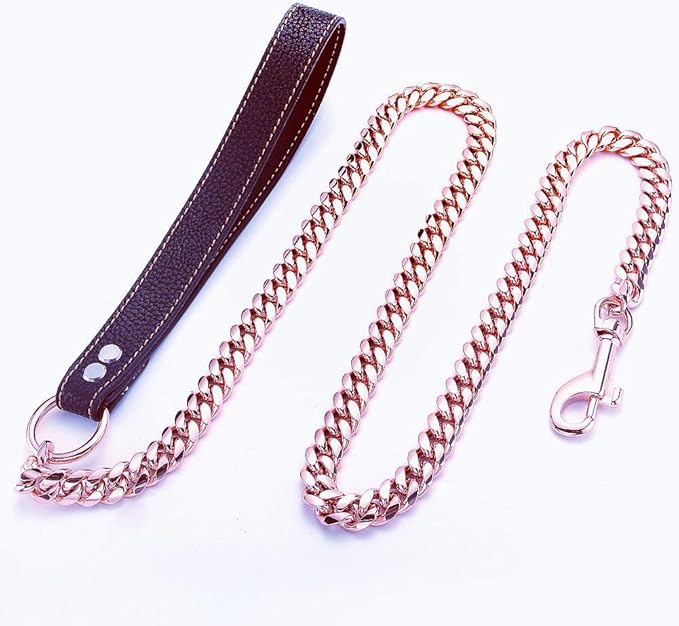 Rose Gold Dog Chain Leash 10MM 14MM Curb Cuban Link Chain Dog Leash Strong Chew Proof Stainless Steel Leash 3FT/4FT/5FT for Small Medium Large Dogs(14mm,5ft)…