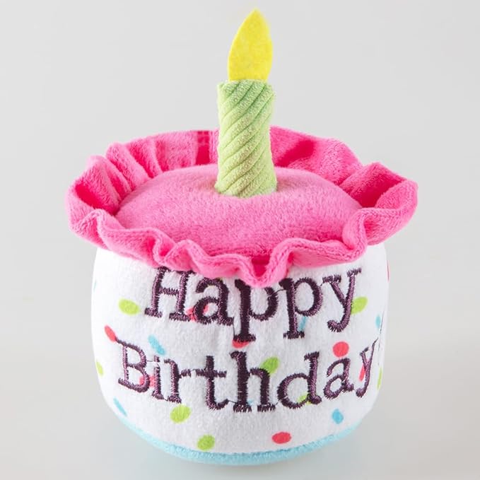 Dog Birthday Cake Toy, Happy Birthday Cake Shaped Squeaky Dog Toys for Medium & Large Dogs Funny Dogs Gifts Plush Dog Party Toys, Large, Pink