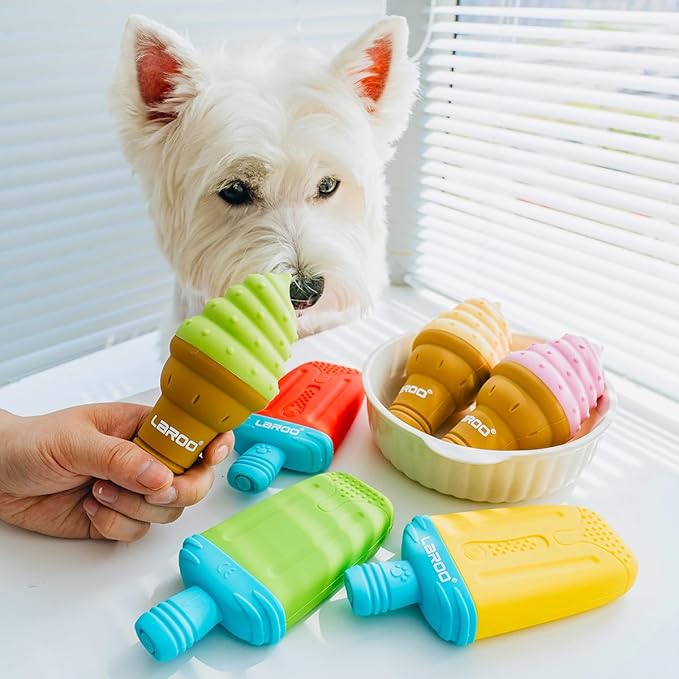 LaRoo Dogs Toys for Summer Cooling, Frozen Dog Toys, Full with Water Frozen, Prevention of Heat Stroke Upgraded Teething Chew Toy (Ice Cream Shape-Green).