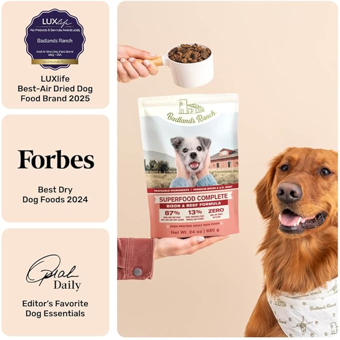 BADLANDS RANCH by Katherine Heigl – Superfood Complete Air-Dried Beef & Bison Dog Food – High Protein with Superfoods for Daily Wellness & Consistent Nutrition – 64 oz