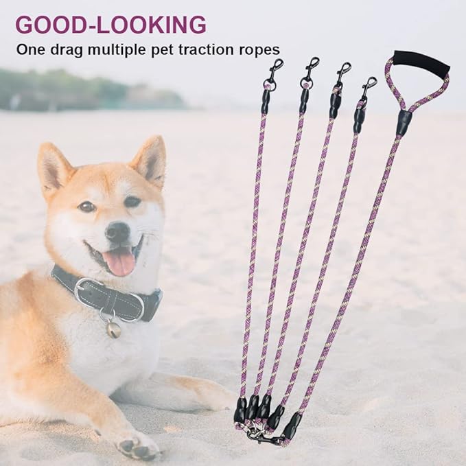 Dual Dog Leash 360° Tangle-Free - Reflective Heavy Duty, Comfortable Handle for Small/Medium/Large Dogs, Support Multiple Rope Addition (Purple 1, Four Leashes)