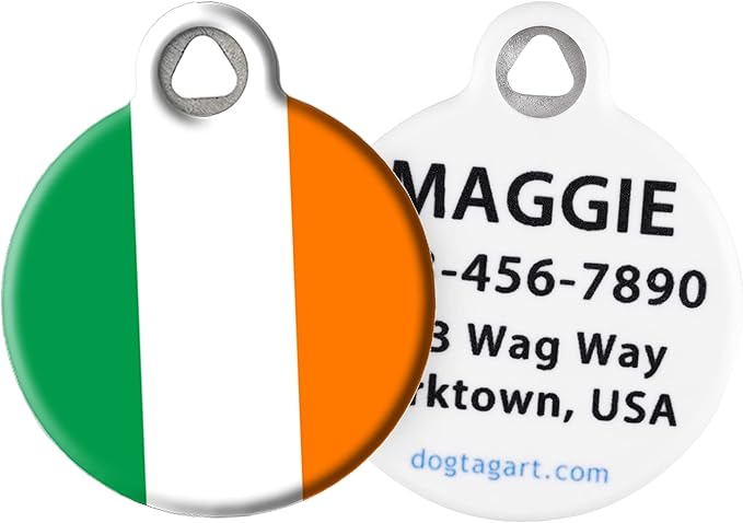 Dog Tag Art Irish Flag Personalized Pet ID Tag for Dogs and Cats, Silent Polymer Coated Stainless Steel Flag of Ireland Nametag with Customized Identification Information - Small .875" Diameter